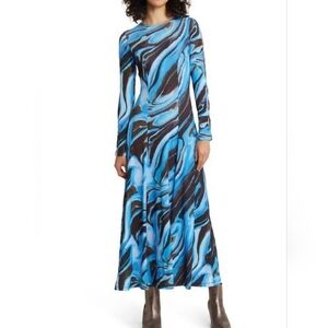 Elegant Blue and Brown Swirl Dress